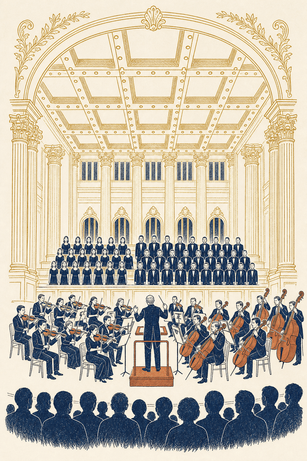 Editorial illustration of a symphony orchestra mid-performance: a conductor at center directs a tiered ensemble while audience silhouettes watch from the foreground.