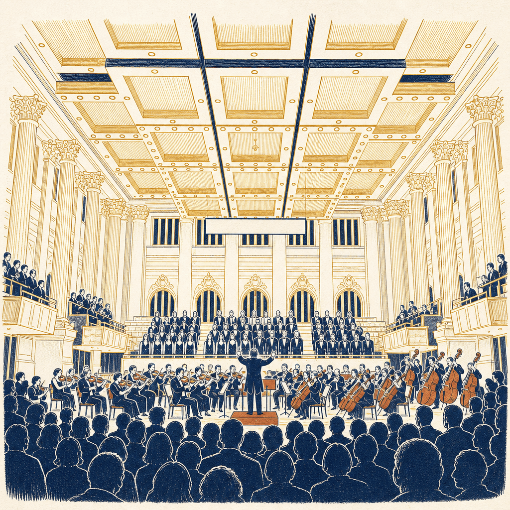 Editorial illustration of a symphony orchestra mid-performance: a conductor at center directs a tiered ensemble while audience silhouettes watch from the foreground.